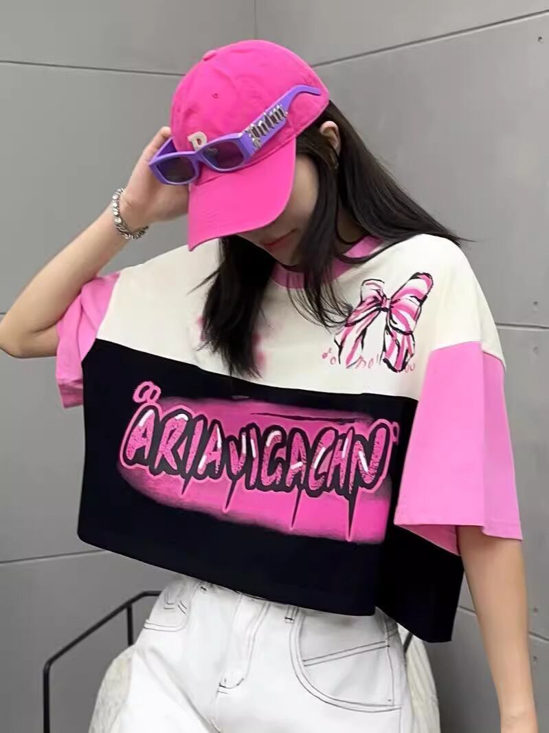 着回し力抜群 切り替え三色 韓国系 ゆったり半袖Tシャツ ＜F-8455＞
