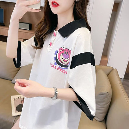 POLOネック 切り替え 熊柄 ロング プリント Tシャツ 二色 ゆったりワンピース ＜F-3020＞