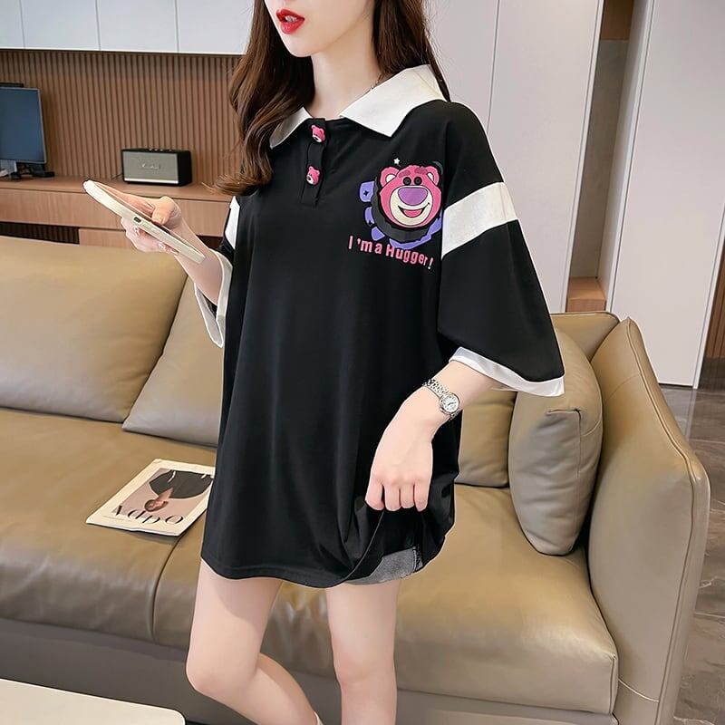 POLOネック 切り替え 熊柄 ロング プリント Tシャツ 二色 ゆったりワンピース ＜F-3020＞