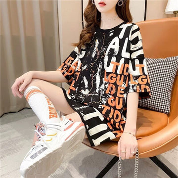 話題沸騰中 個性派 早い者勝ち ゆったり ロング丈 切り替え 2色半袖Tシャツ＜F-9068＞