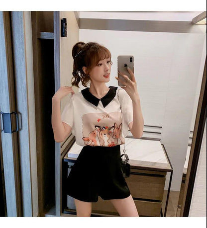 美人度アップ シフォン スウィート 半袖 Tシャツ ショートパンツ セットアップ ＜F-9234＞