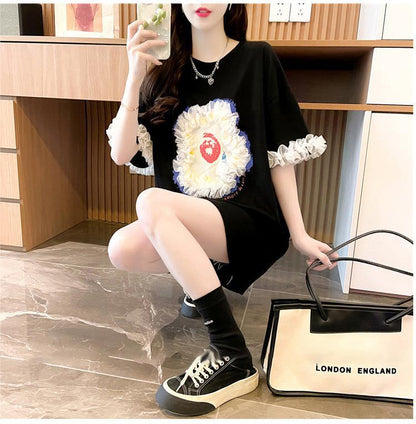 デザインセンスレースステッチTシャツ半袖新しいスタイル<F-2932>