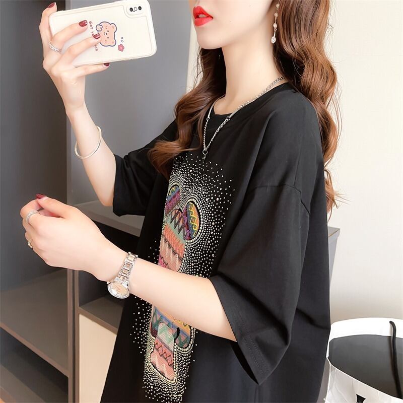 【半額！期間限定！！】絶対流行 ホットダイヤモンド カジュアル プリント全2色 半袖Tシャツ カットソー ＜F-8564＞
