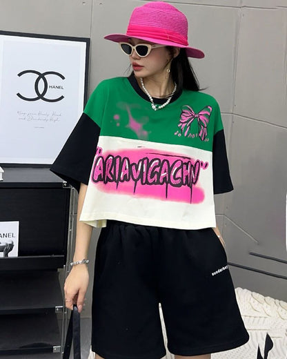 着回し力抜群 切り替え三色 韓国系 ゆったり半袖Tシャツ ＜F-8455＞