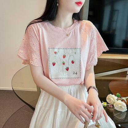 大好評 レース 上質 刺繍 切り替え 全2色 半袖Tシャツ＜F-8869＞