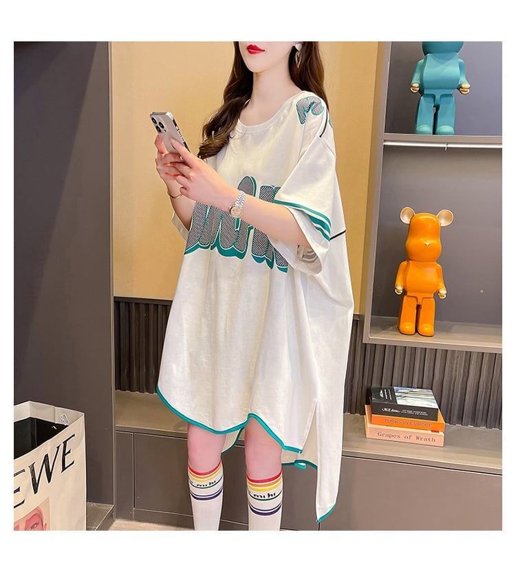 おしゃれ度アップ アルファベット フィッシュテール プリントTシャツ ゆったり半袖＜F-3012＞
