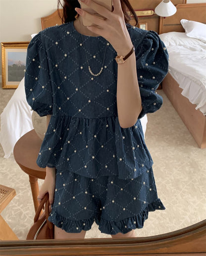 定番シンプル ファッション 個性派 デニム 半袖Ｔシャツⅹパンツセット<isf-11702>