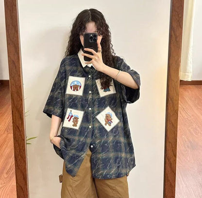 大活躍 刺繍 特別デザイン チェック柄 2色選択 半袖シャツ＜F-8881＞