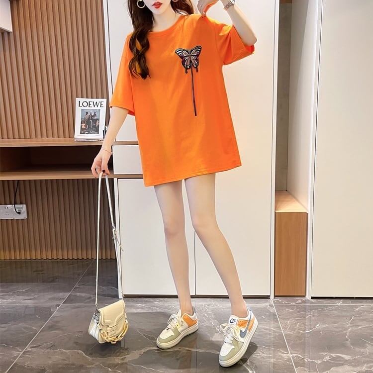最新デザインセンス刺繍純綿ルーズ半袖Tシャツ<F-2949>