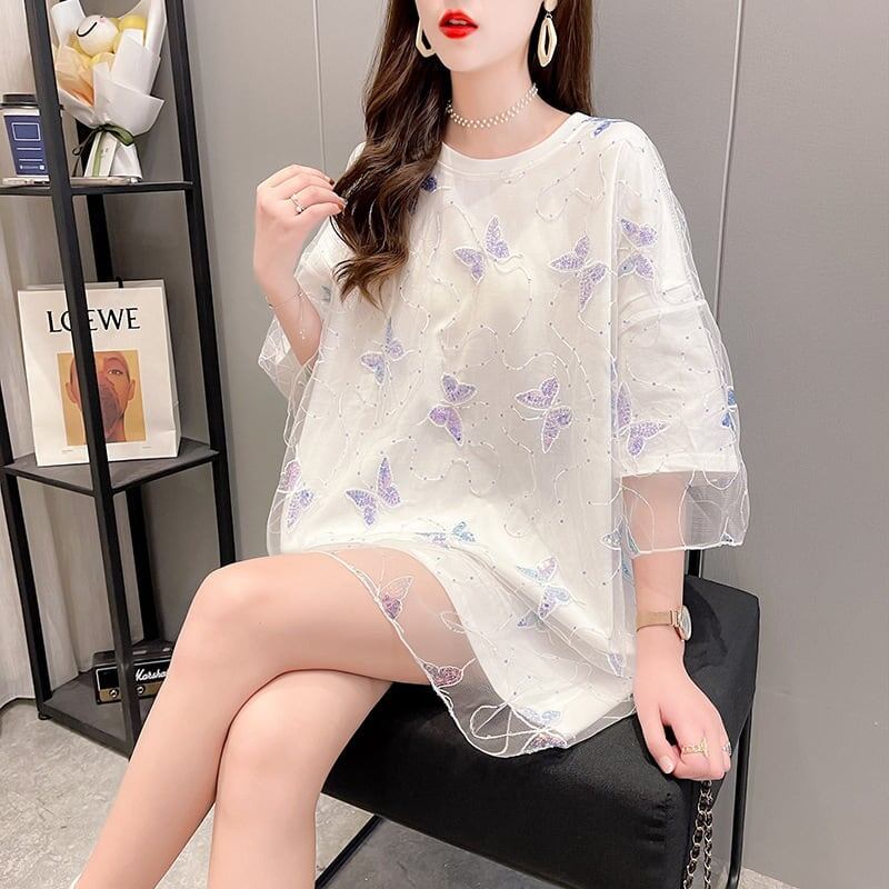 イントレンディなメッシュフェイクツーピースバタフライTシャツルーズトップ<F-2858>