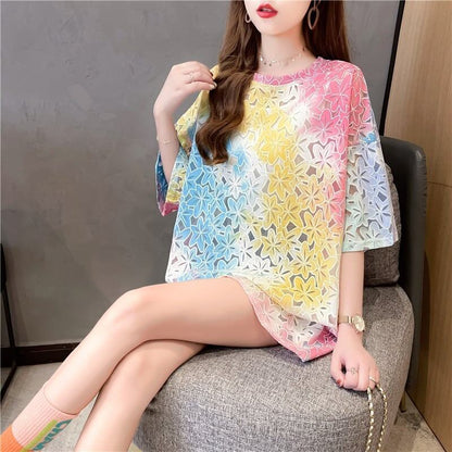 オシャレ度満点 ラウンドネック スタイリッシュ 透かし彫り Tシャツ カットソー＜F-2957＞