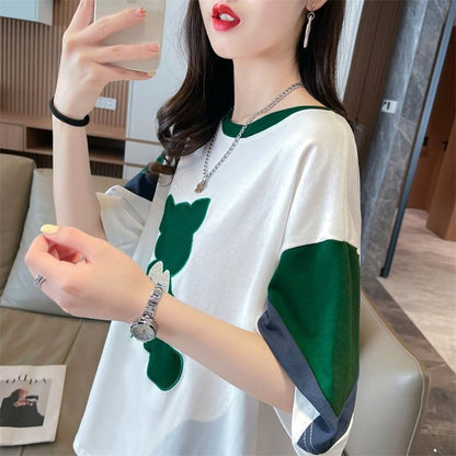 カジュアルルーズワッペン刺繍ステッチカラーブロック半袖Tシャツ<F-2870>