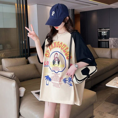 夏新作   プリント ラグランTシャツ 三色 ゆったりワンピース ＜F-4003＞