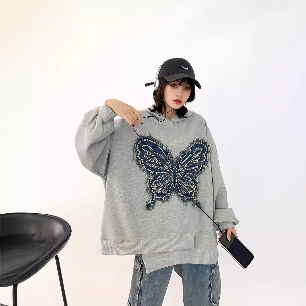 都市ファッショ デザイン オシャレ おしゃれ度高め 刺繍 ホットダイヤモンド カジュアル 3色選択 パーカーF-9290