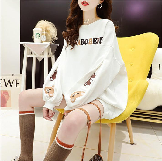 【半額！期間限定！！】韓国風ルーズラウンドネックミドル丈ファッション怠惰なトップス<F-5067>