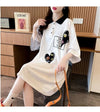 POLOネック 切り替え ストライプ柄 ロング Tシャツ ゆったりワンピース ＜F-3031＞