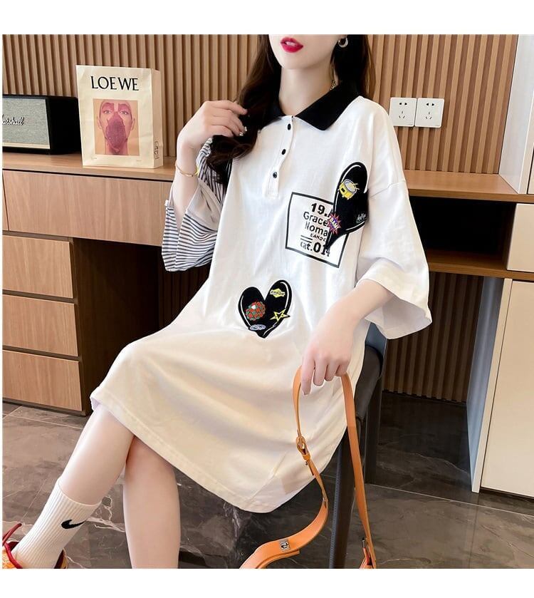 POLOネック 切り替え ストライプ柄 ロング Tシャツ ゆったりワンピース ＜F-3031＞