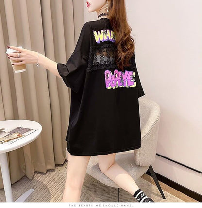 【半額！期間限定！！】グラフィック   透かし彫り Tシャツ ゆったりワンピース ＜F-4021＞