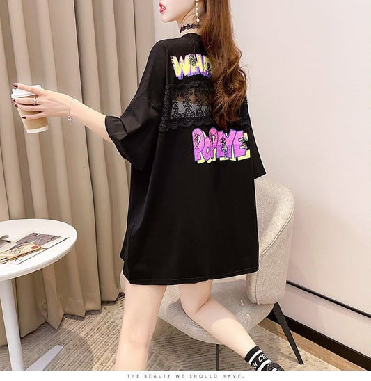 【半額！期間限定！！】グラフィック   透かし彫り Tシャツ ゆったりワンピース ＜F-4021＞