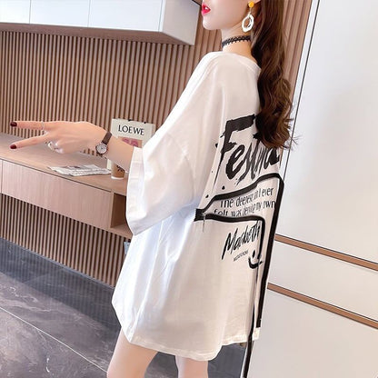 デザイン個性ゆったりミドル丈半袖TシャツF-3036