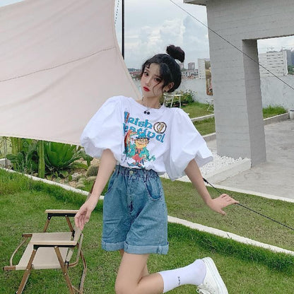 キュート プリント ファッション ゆったり 全4色 半袖 Tシャツ＜F-11521＞