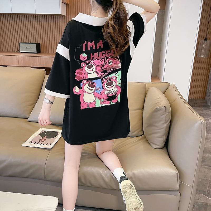 POLOネック 切り替え 熊柄 ロング プリント Tシャツ 二色 ゆったりワンピース ＜F-3020＞