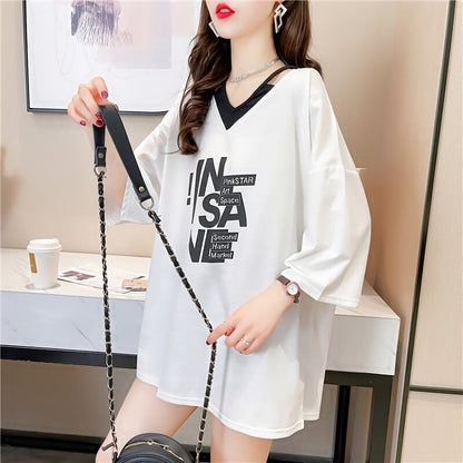 売れ筋 アルファベット Vネック フェイクレイヤード ゆったり 着?せ 半袖 Tシャツ ＜F-2005＞