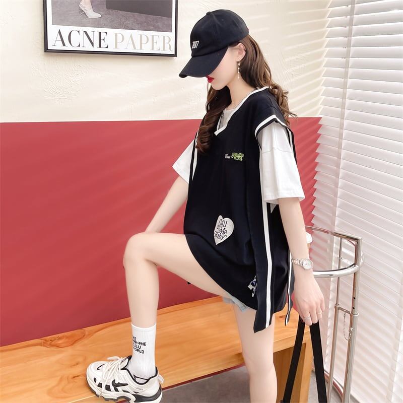 おすすめ アバンギャル 大活躍 ドレイヤード風 切り替え 全2色 半袖TシャツF-8752