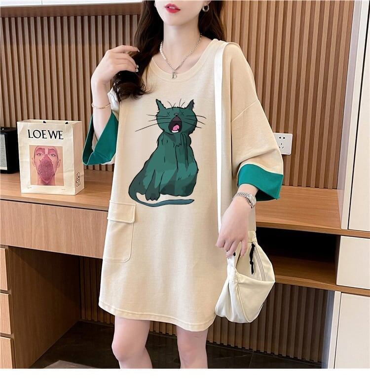 ユニークなデザイン気質のカラーブロック半袖Tシャツ<F-2900>