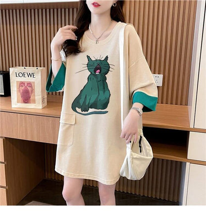ユニークなデザイン気質のカラーブロック半袖Tシャツ<F-2900>
