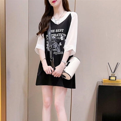 好感度満載 切り替え 美感いっぱい プリント Tシャツ カットソー＜F-3479＞