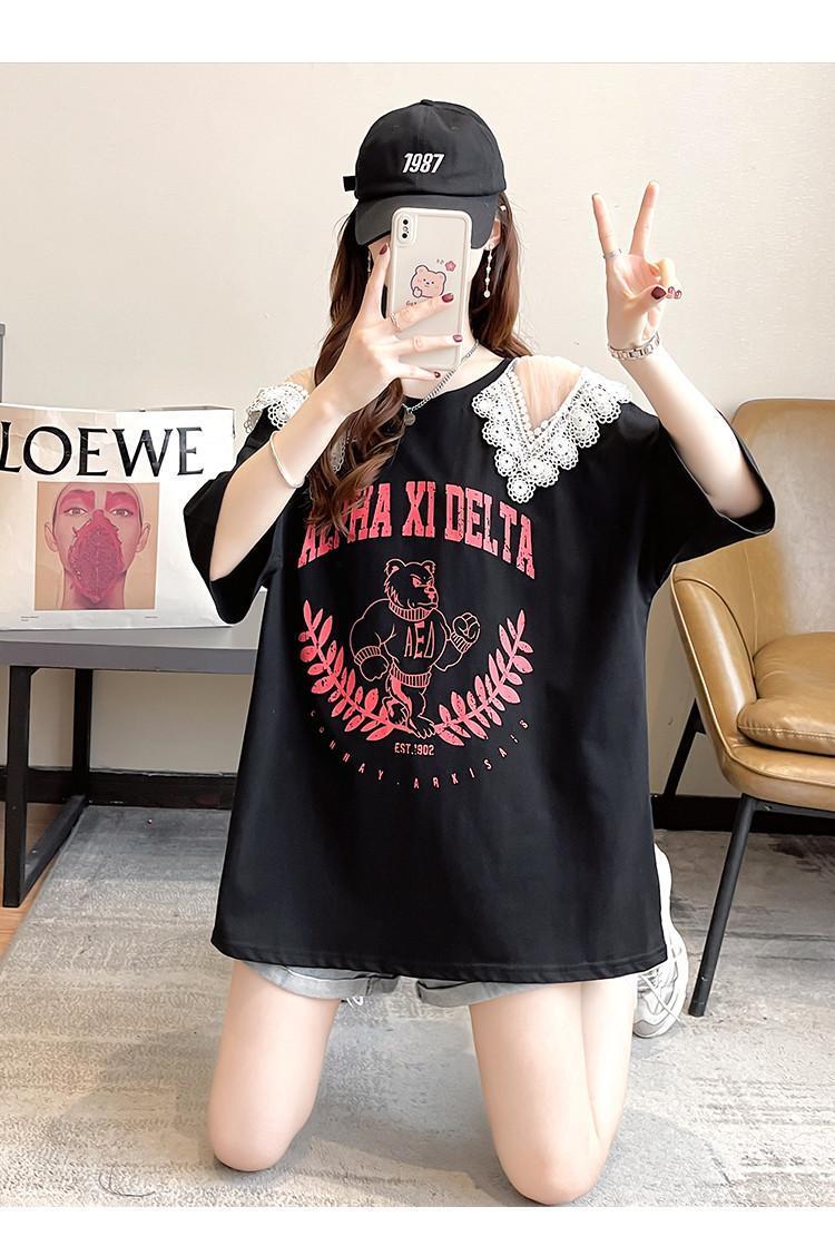 数量限定 ラウンドネック アバンギャルド レース 切り替え プリント全2色 半袖Tシャツ<F-8724>