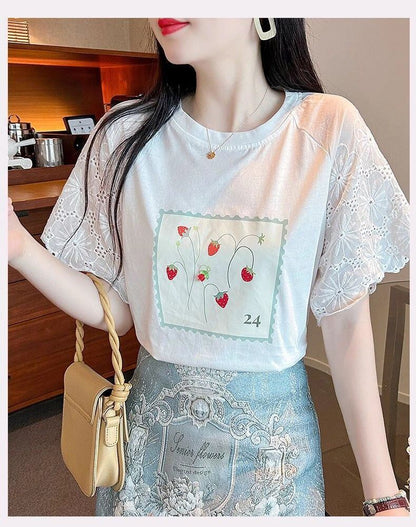 大好評 レース 上質 刺繍 切り替え 全2色 半袖Tシャツ＜F-8869＞