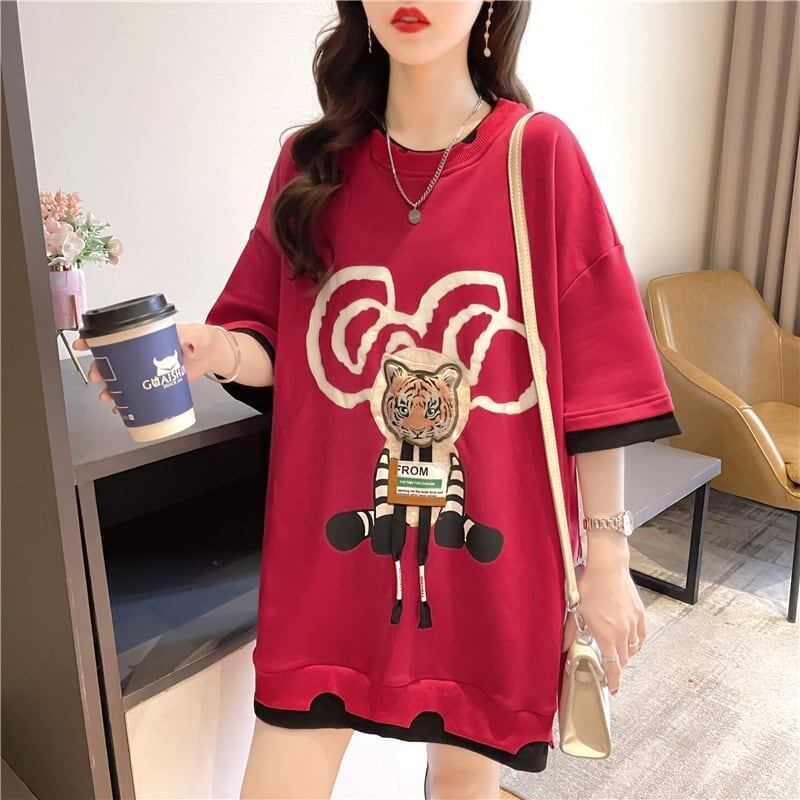 気質ルーズ漫画プリントミッドレングス半袖Tシャツ<F-3026>