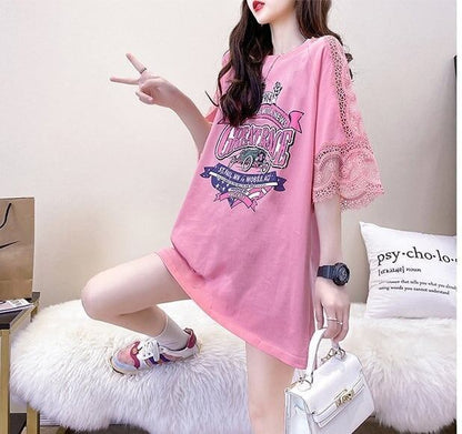 新作 プリントTシャツ ロング 半袖 ピンク＜F-2810＞
