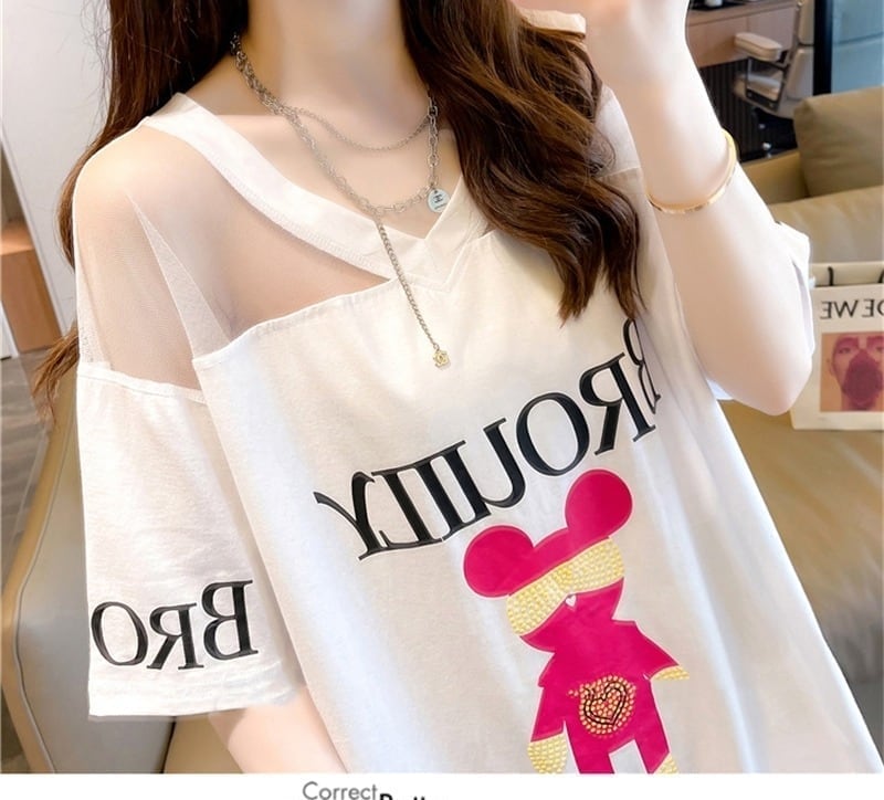 売り切れ必至 Vネック セクシー 切り替え チュール プリントTシャツ ゆったりワンピース ＜F-3050＞