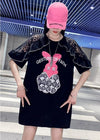 レースステッチアイスシルクニットルーズラビットプリント半袖Tシャツ<F-5038>