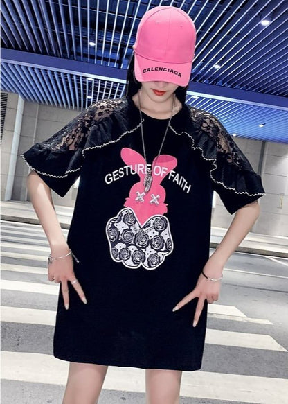 レースステッチアイスシルクニットルーズラビットプリント半袖Tシャツ<F-5038>