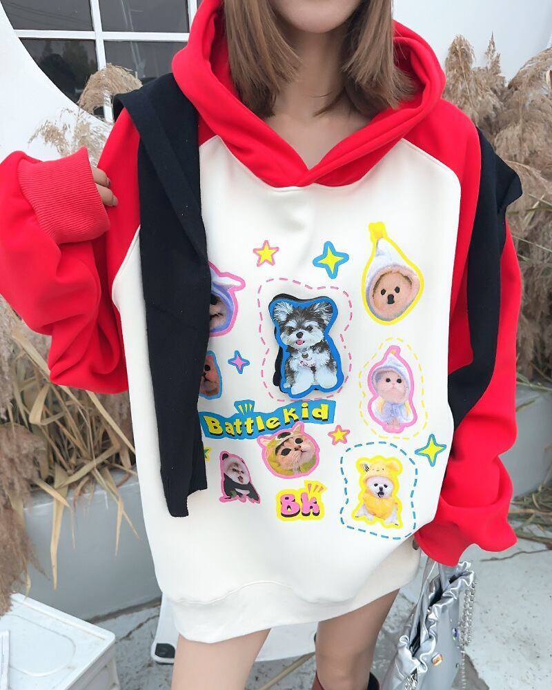 超人気商品猫柄犬柄ロゴ厚手ラグランパーカー全3色オーバーサイズトップス＜F-4473＞