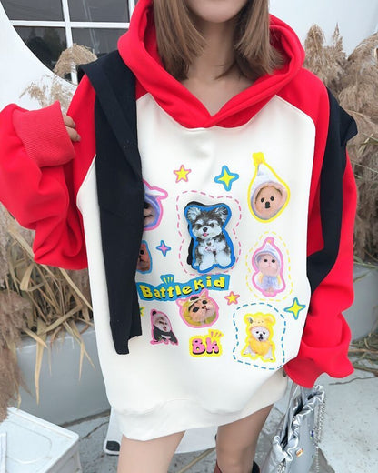 超人気商品猫柄犬柄ロゴ厚手ラグランパーカー全3色オーバーサイズトップス＜F-4473＞