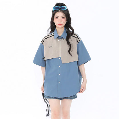 期間限定 ファッション 個性派 レイヤード風 切り替え プリント全3色 男女兼用 半袖TシャツF-9044