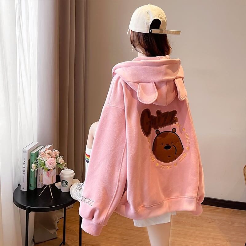 【裏起毛】可愛いクマちゃん厚手フルジップパーカー二色ありF-4677