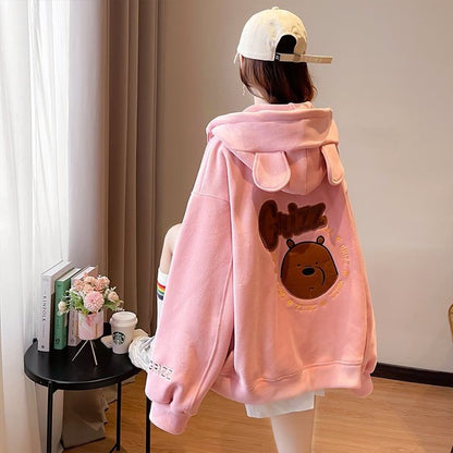 【裏起毛】可愛いクマちゃん厚手フルジップパーカー二色ありF-4677