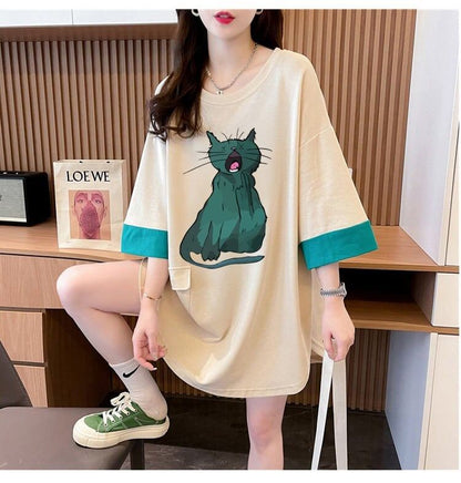 ユニークなデザイン気質のカラーブロック半袖Tシャツ<F-2900>