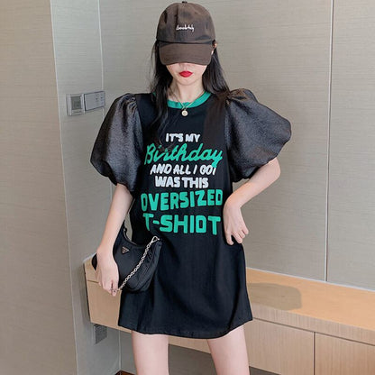 話題沸騰中 パフスリーブ ファッション プリント 全2色 半袖 Tシャツ <F-8662>