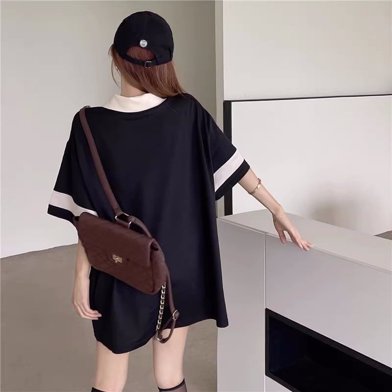 韓国系   POLOネック ロング Tシャツ 三色 ゆったりワンピース＜F-4025＞