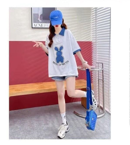 韓国系   POLOネック 三色 ゆったり半袖 ＜F-3056＞