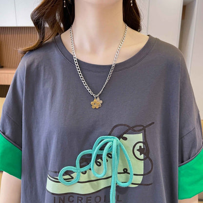 韓国系   ラウンドネック Tシャツ ゆったり半袖 ＜F-2988＞