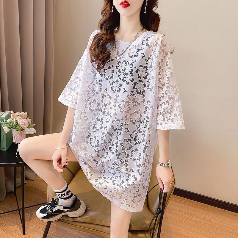 好感度UP ファッション カジュアル 透かし彫り 半袖Tシャツ<F-8458>