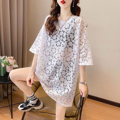 好感度UP ファッション カジュアル 透かし彫り 半袖Tシャツ<F-8458>